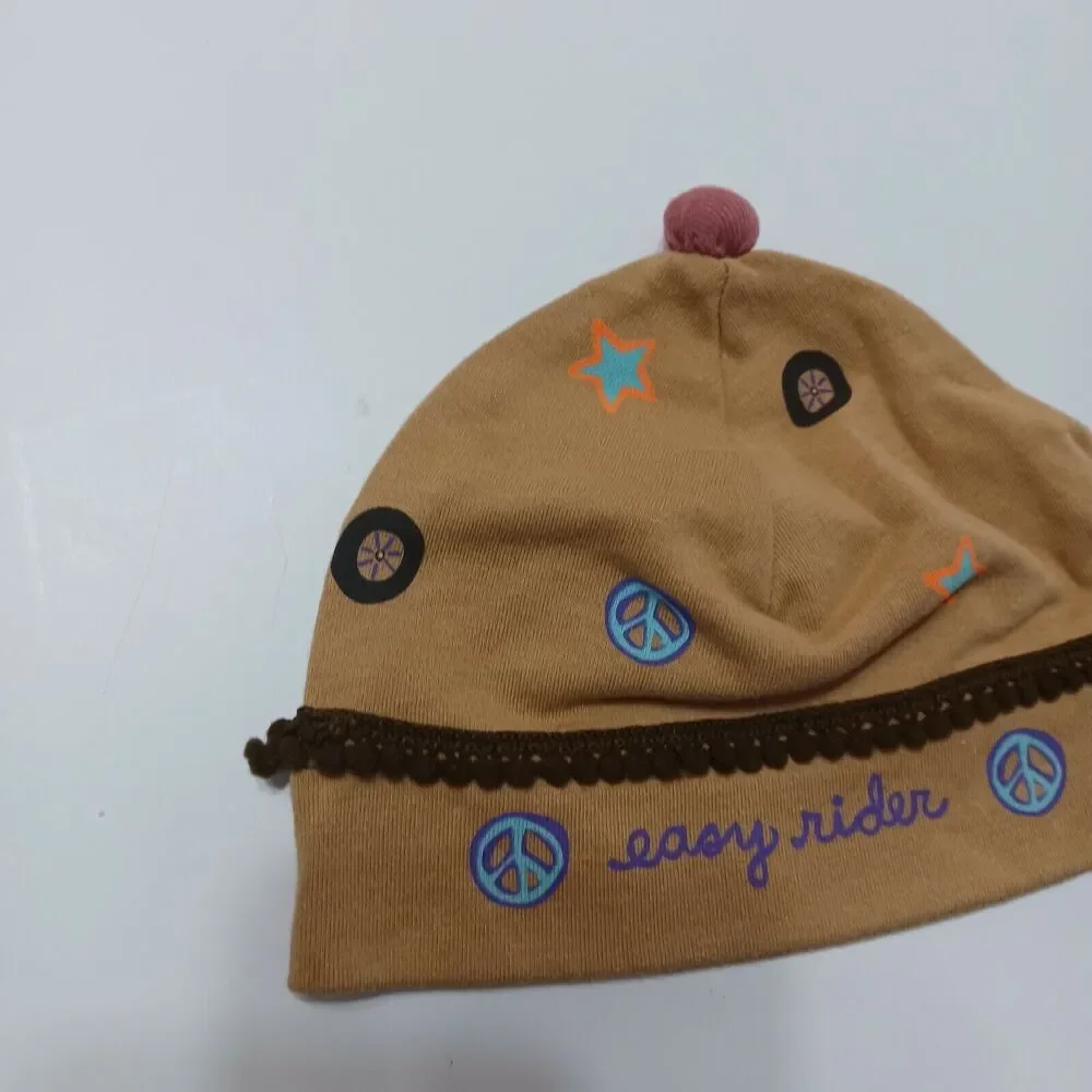 Natural Life Easy Rider Baby Girls Peace Star‎ 100% Cotton Brown Pink Beanie Hat